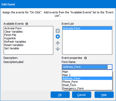 The Edit Event dialog box where an event is associated with a button.